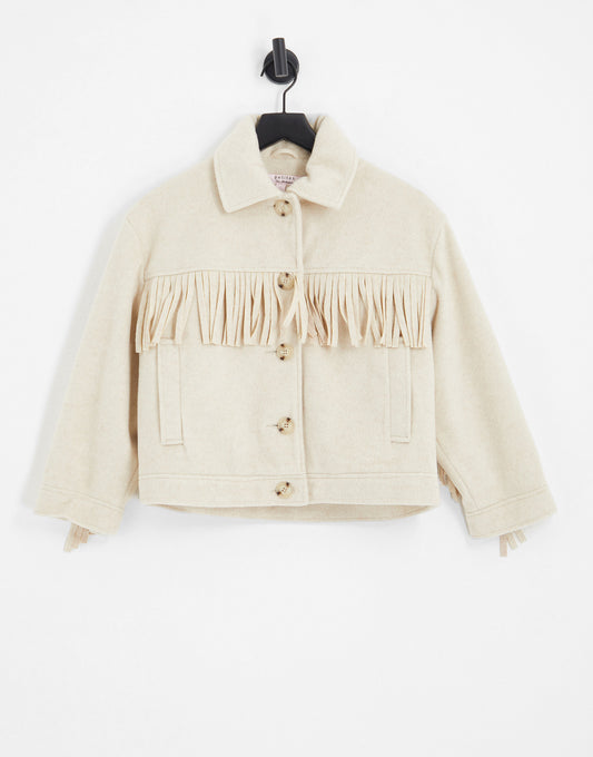 Miss Selfridge Petite fringe shacket in camel