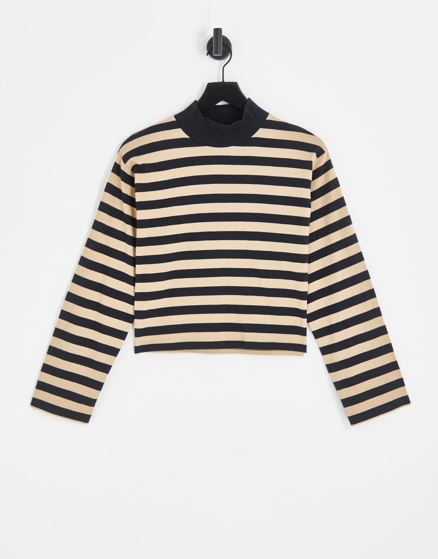 ASOS DESIGN high neck boxy long sleeve top in camel and black stripe