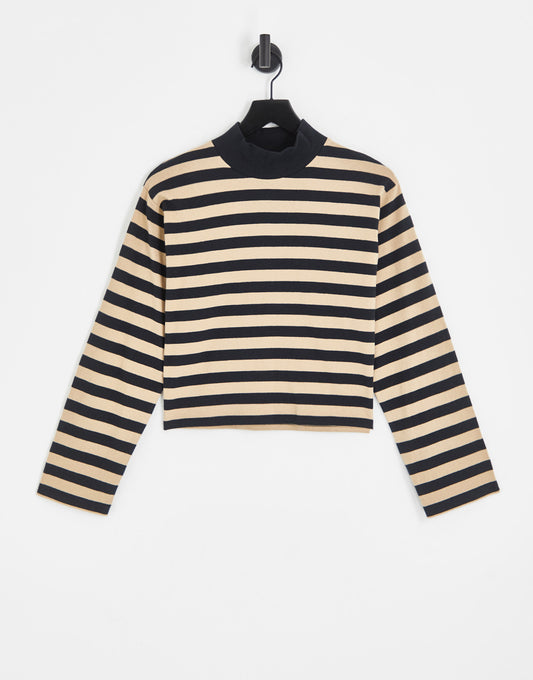 ASOS DESIGN high neck boxy long sleeve top in camel and black stripe