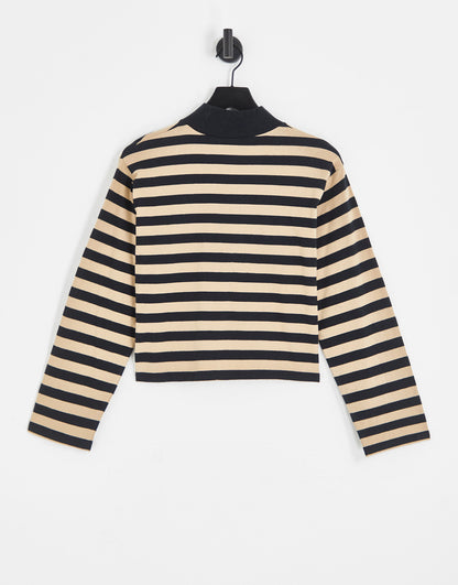 ASOS DESIGN high neck boxy long sleeve top in camel and black stripe