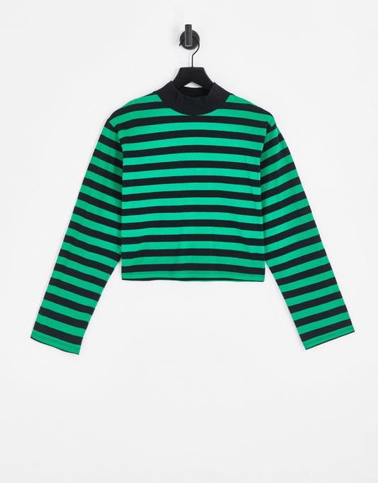 ASOS DESIGN high neck boxy long sleeve top in black and green stripe