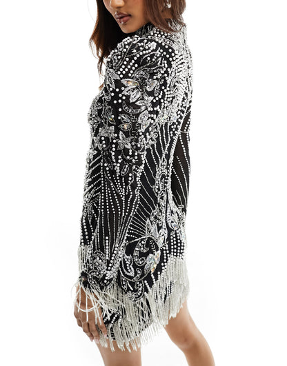 ASOS EDITION pearl and beaded fringe mini dress with high neck in black