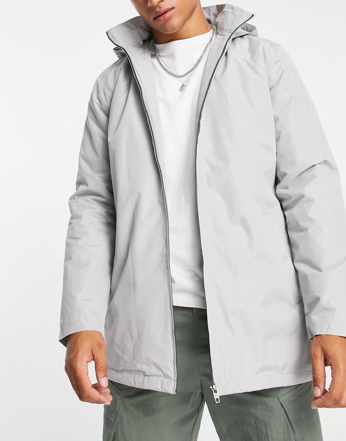 French Connection lined mac jacket with hood in light grey