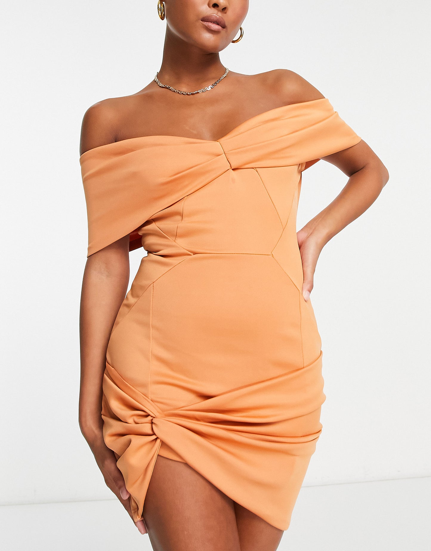 ASOS DESIGN  Petite off shoulder seamed twist hem mini dress in apricot