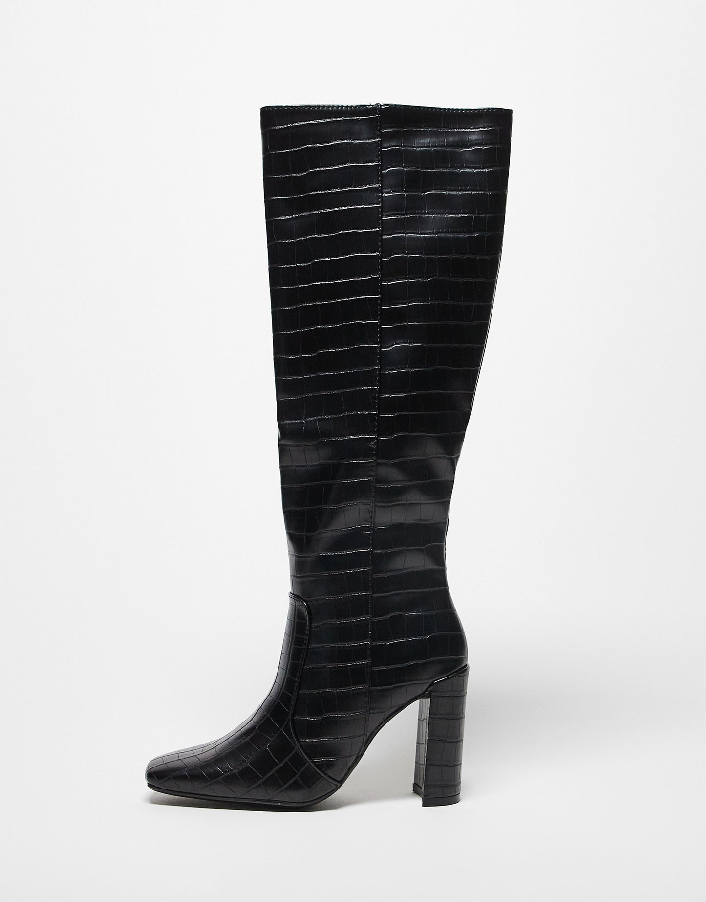 Truffle Collection square toe heeled knee boots in black croc