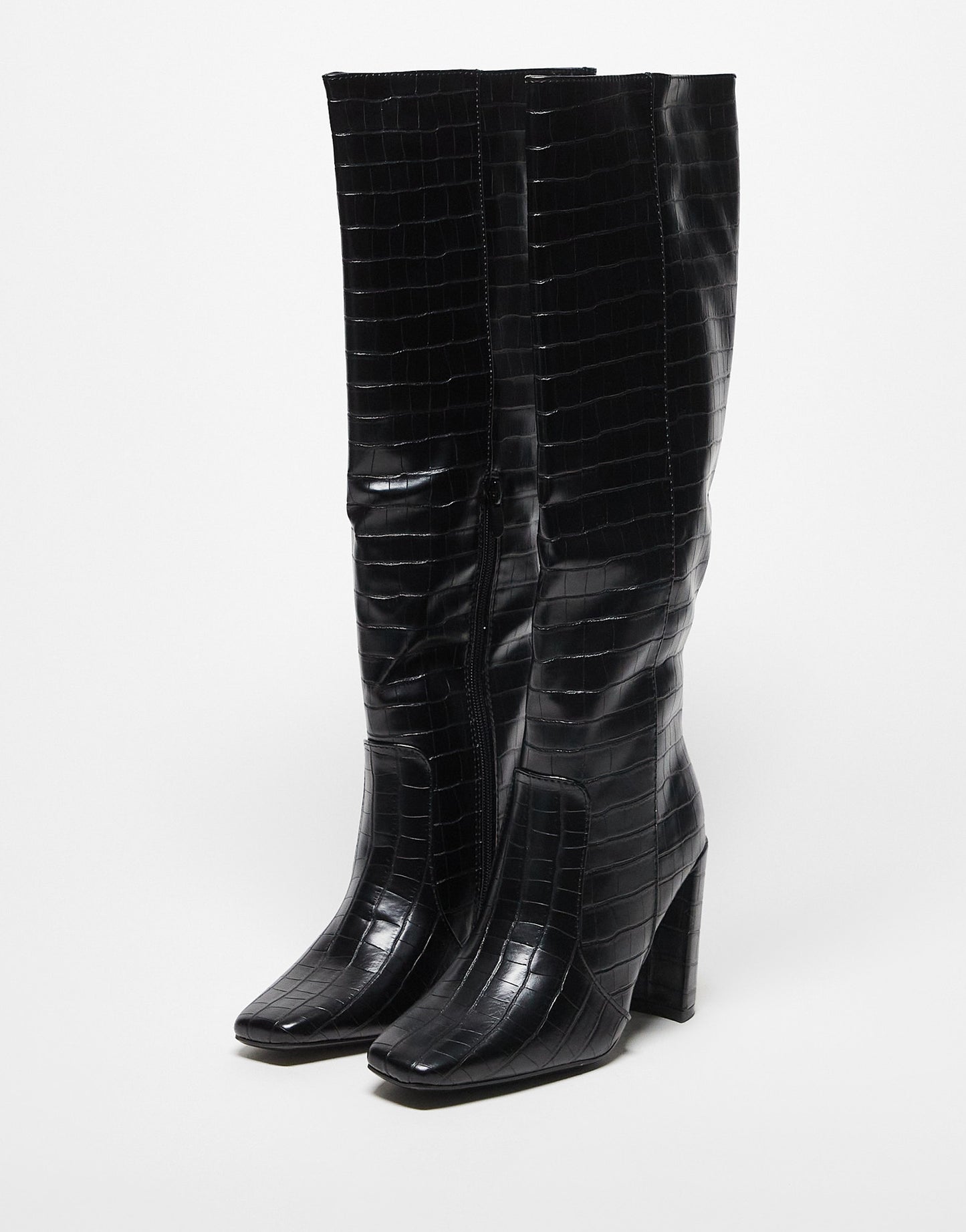 Truffle Collection square toe heeled knee boots in black croc