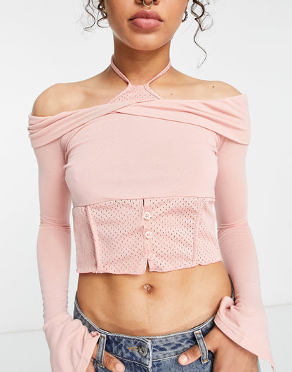 Zemeta long sleeve halter off shoulder crop top in pink