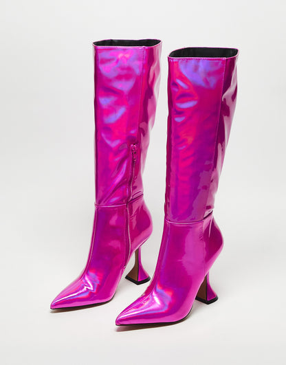 ASOS DESIGN Cortez heeled knee high boots in pink iridescent