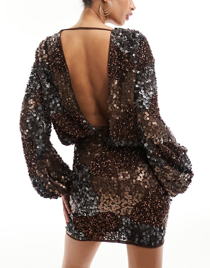 ASOS DESIGN embellished mini dress in chocolate textured sequin