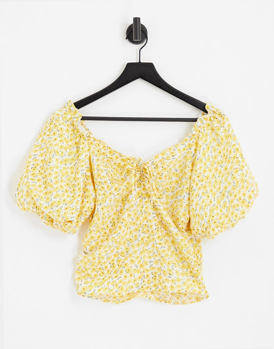 Only ruched puff sleeve top in yellow ditsy floral