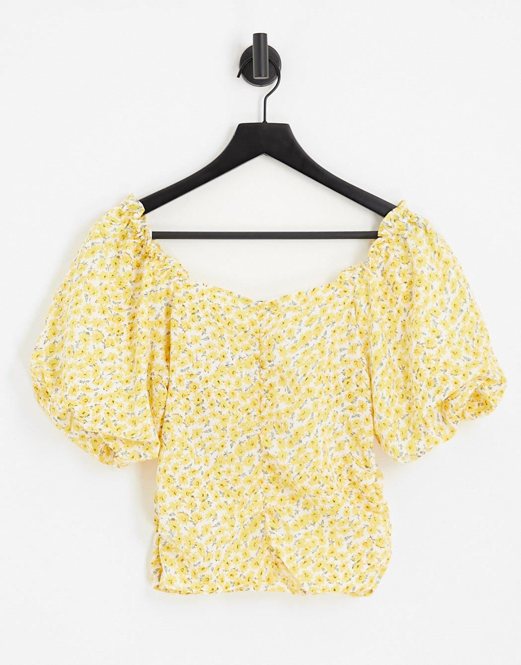 Only ruched puff sleeve top in yellow ditsy floral