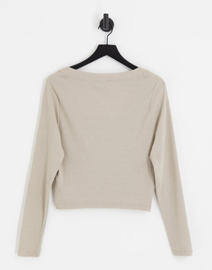 ASOS DESIGN Curve long sleeve scoop neck rib top in oatmeal marl