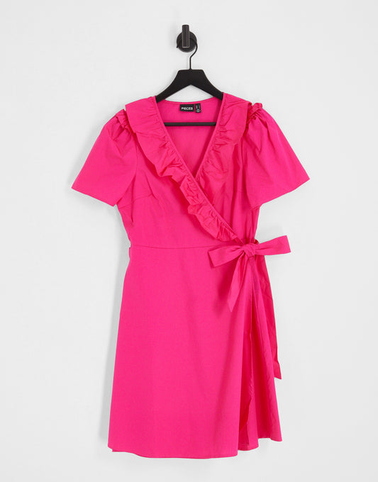 Pieces wrap frill mini dress in hot pink