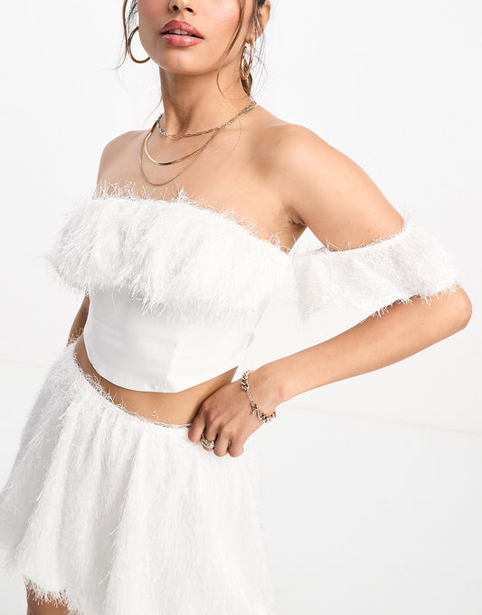 ASOS DESIGN fluffy detail corset crop top co-ord in white