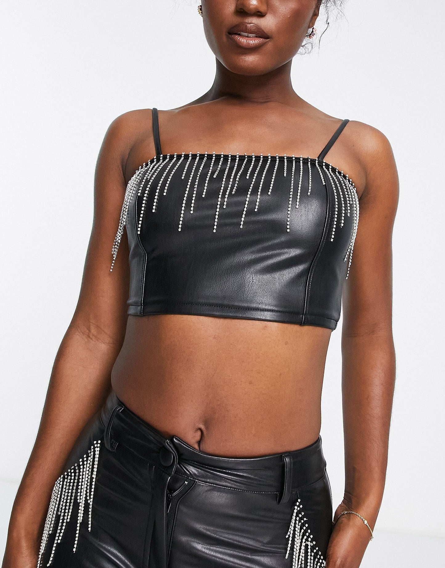 Miss Selfridge faux leather diamante fringe bralet in black