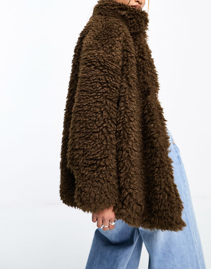 QED London oversized borg coat in chocolate brown