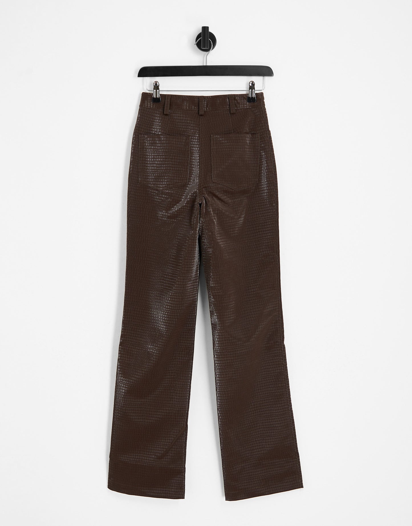 Topshop faux leather vinyl croc straight trouser in chocolate