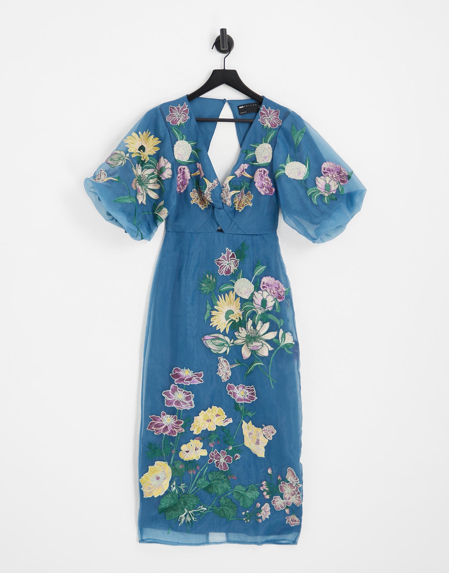 ASOS EDITION floral embroidered organza midi dress in steel blue