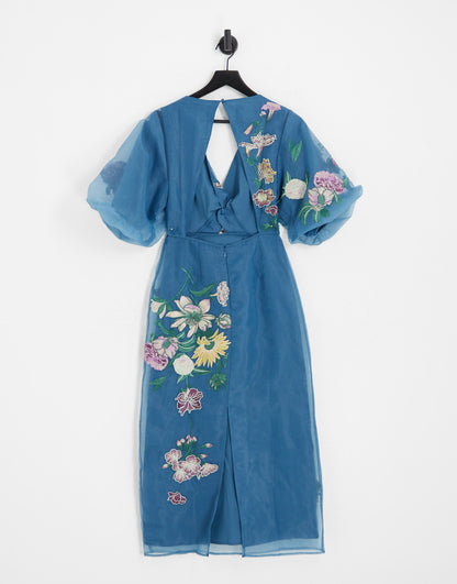 ASOS EDITION floral embroidered organza midi dress in steel blue