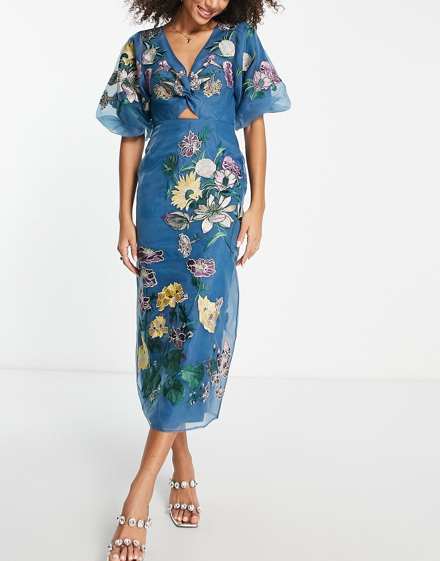 ASOS EDITION floral embroidered organza midi dress in steel blue