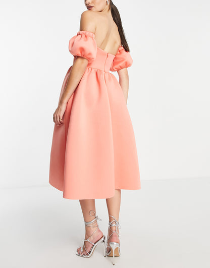 ASOS DESIGN  off shoulder ruffle midi prom dress in coral