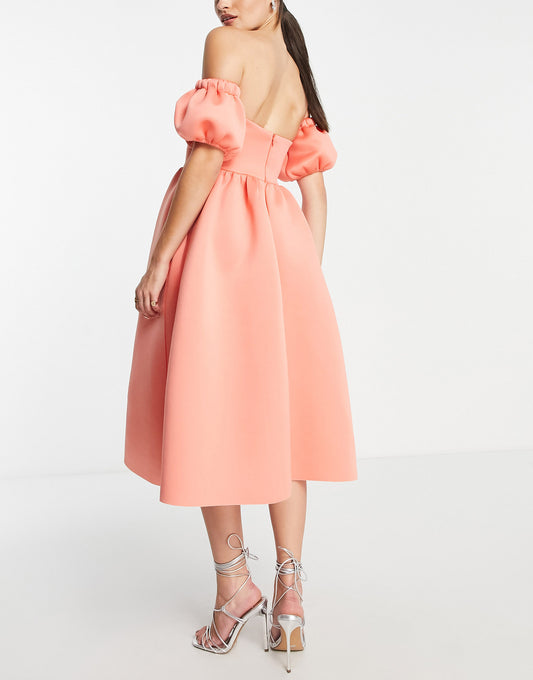 ASOS DESIGN  off shoulder ruffle midi prom dress in coral