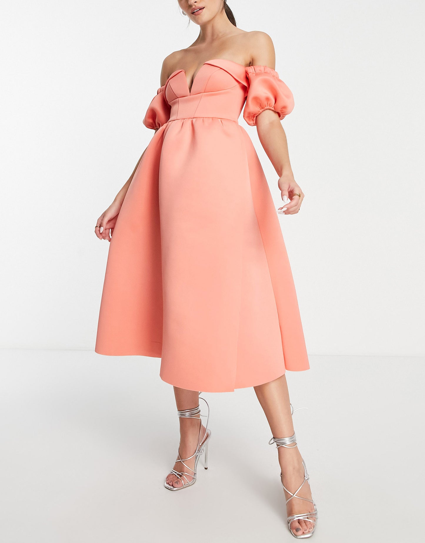 ASOS DESIGN  off shoulder ruffle midi prom dress in coral