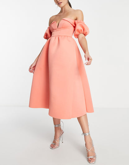 ASOS DESIGN  off shoulder ruffle midi prom dress in coral