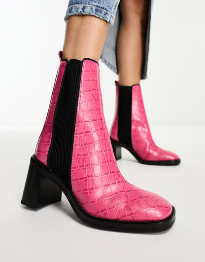 ASOS DESIGN Ratings leather chelsea boots in pink croc