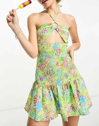 COLLUSION scribble floral shirred mini dress with halterneck in multi