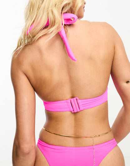 ASOS DESIGN Fuller Bust mix and match halter plunge bikini top in bright pink