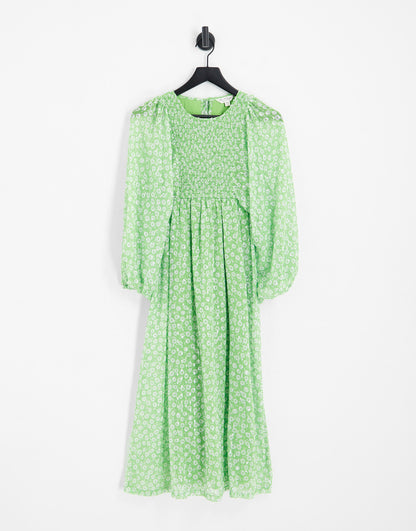 Miss Selfridge metallic chiffon shirred volume sleeve midaxi dress in green ditsy