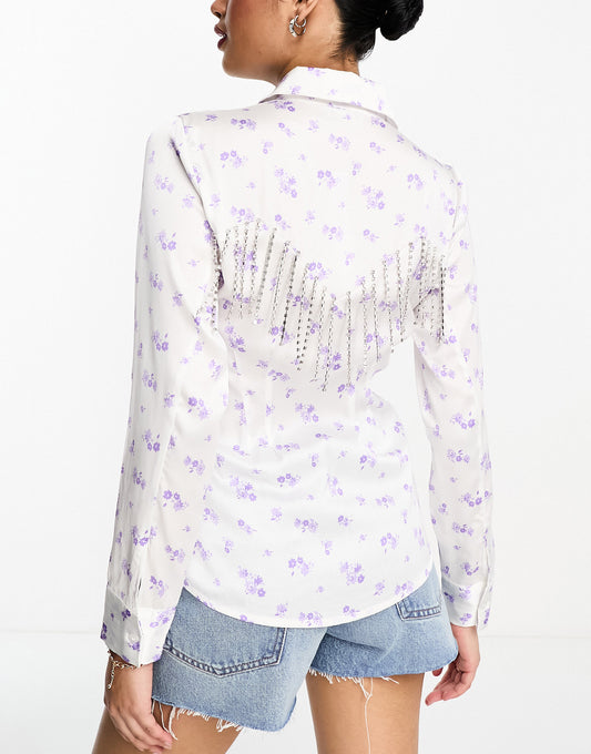 ASOS DESIGN festival satin shirt in ditsy floral with diamante fringing