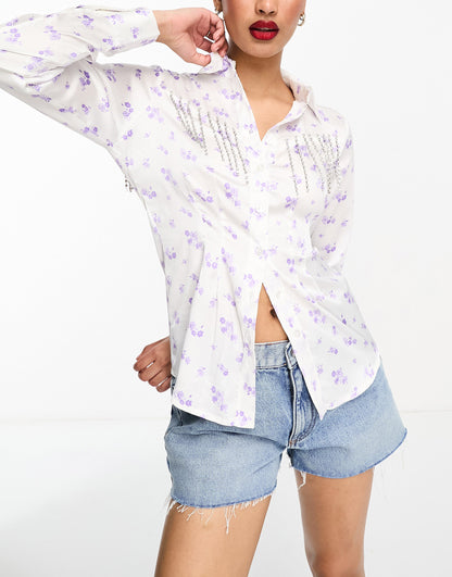 ASOS DESIGN festival satin shirt in ditsy floral with diamante fringing