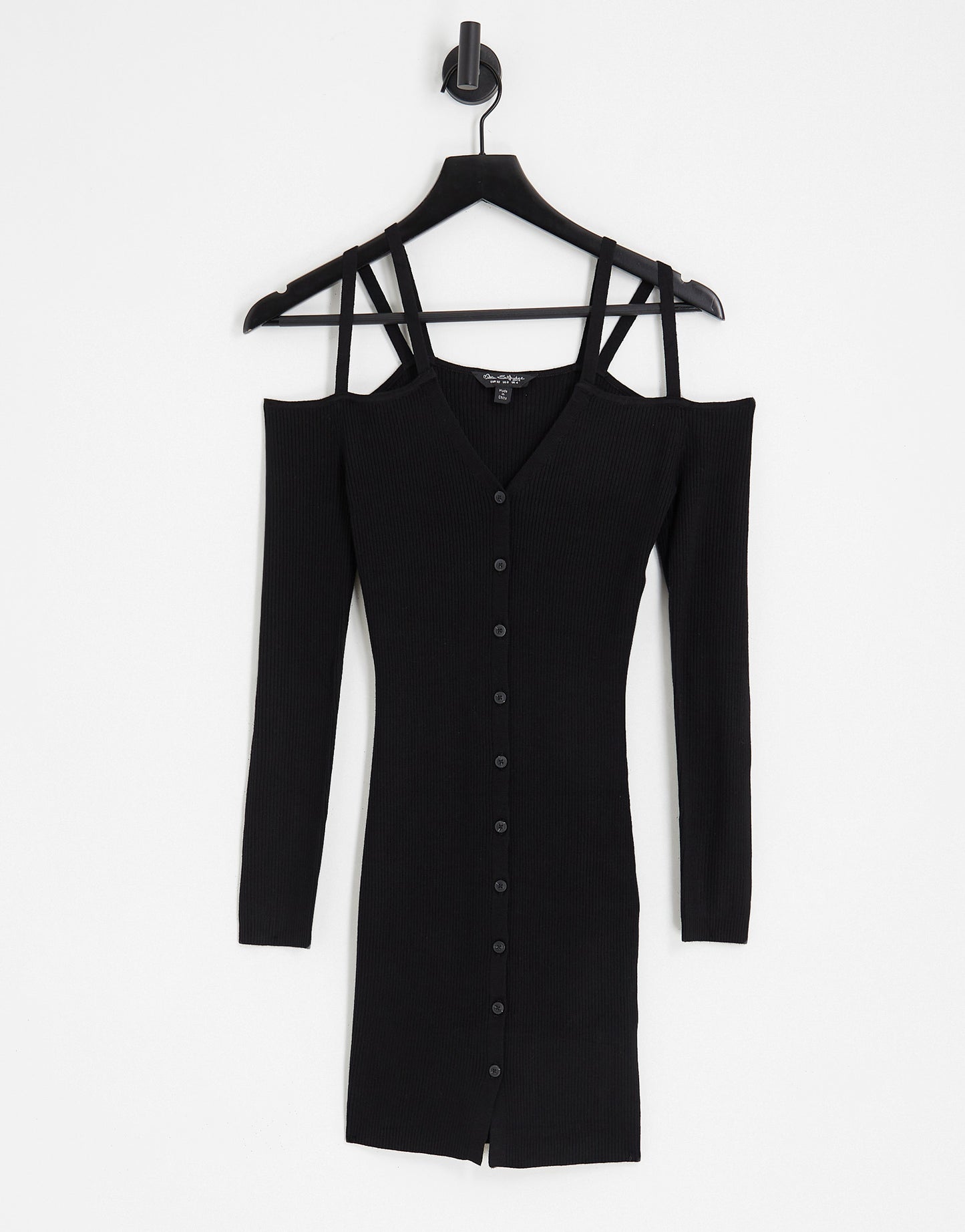 Miss Selfridge button through cold shoulder rib mini dress in black