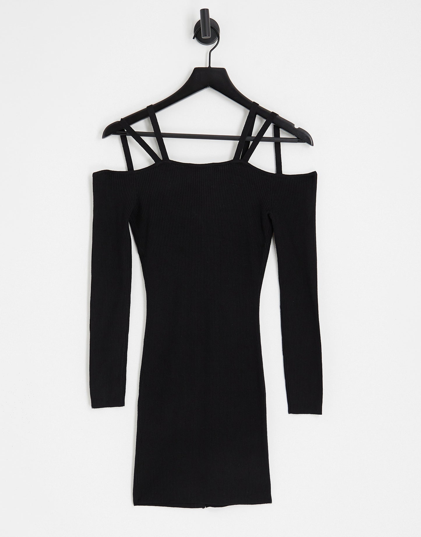 Miss Selfridge button through cold shoulder rib mini dress in black