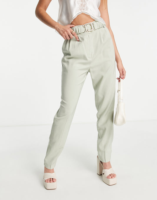 Morgan high waist belted cigarette trouser in sage