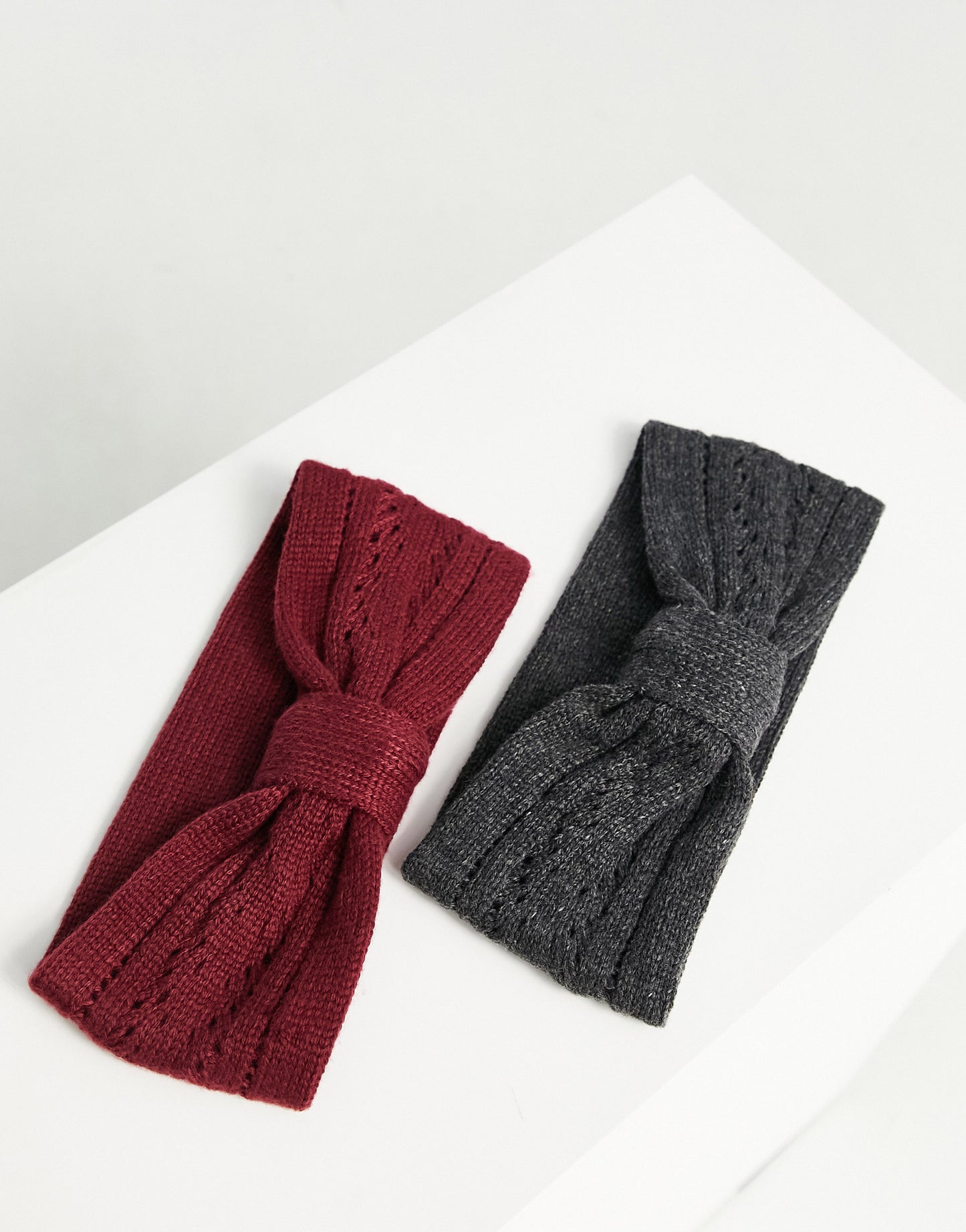 ASOS DESIGN 2 pack polyester front knot headband in burgundy and charcoal