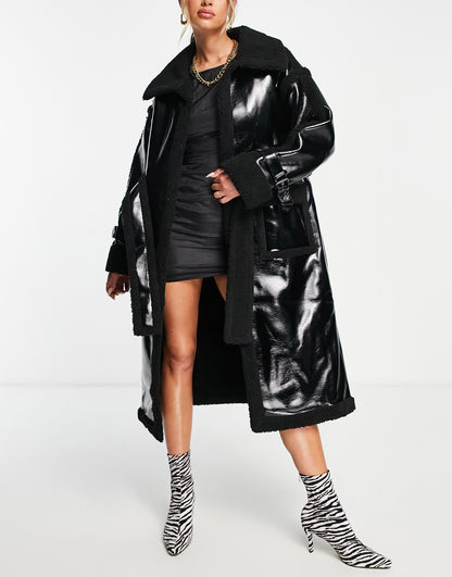 Aria Cove vinyl faux shearling full length coat with tie waist in black