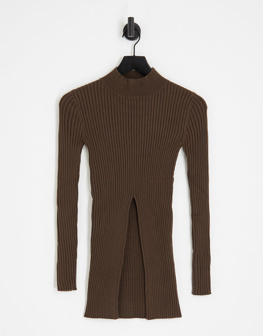 Aria Cove knitted turtle neck ribbed jumper with open front detail co-ord in chocolate