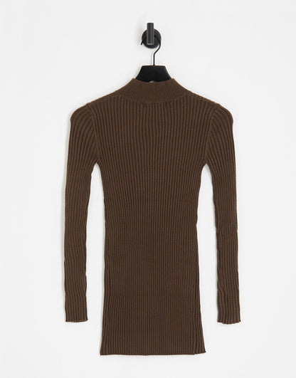 Aria Cove knitted turtle neck ribbed jumper with open front detail co-ord in chocolate