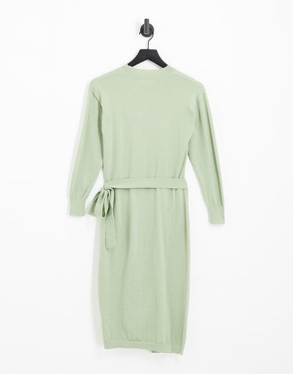 Aria Cove knitted high neck cross front midi dress in sage