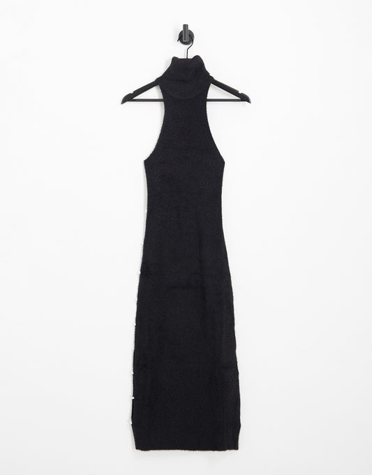 Aria Cove fluffy roll neck sleeveless midi dress with pearl trim cut out detail in black