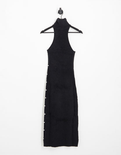 Aria Cove fluffy roll neck sleeveless midi dress with pearl trim cut out detail in black