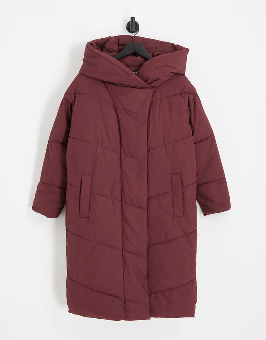 Noisy May Tall longline padded coat with hood in dark red