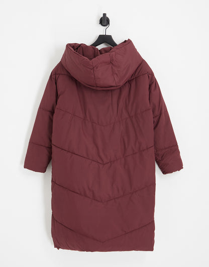 Noisy May Tall longline padded coat with hood in dark red