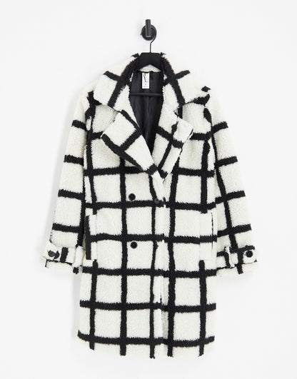 Violet Romance oversized borg coat in grid print