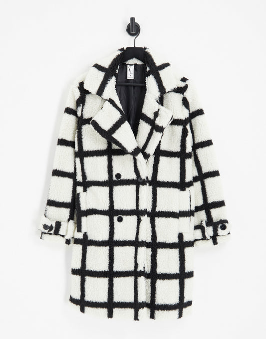 Violet Romance oversized borg coat in grid print