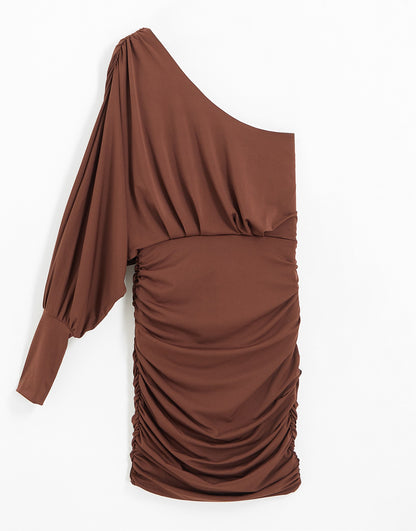 AX Paris slinky one shoulder ruched mini dress in chocolate