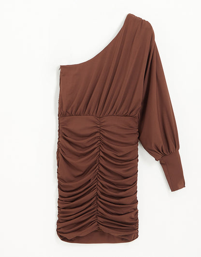 AX Paris slinky one shoulder ruched mini dress in chocolate